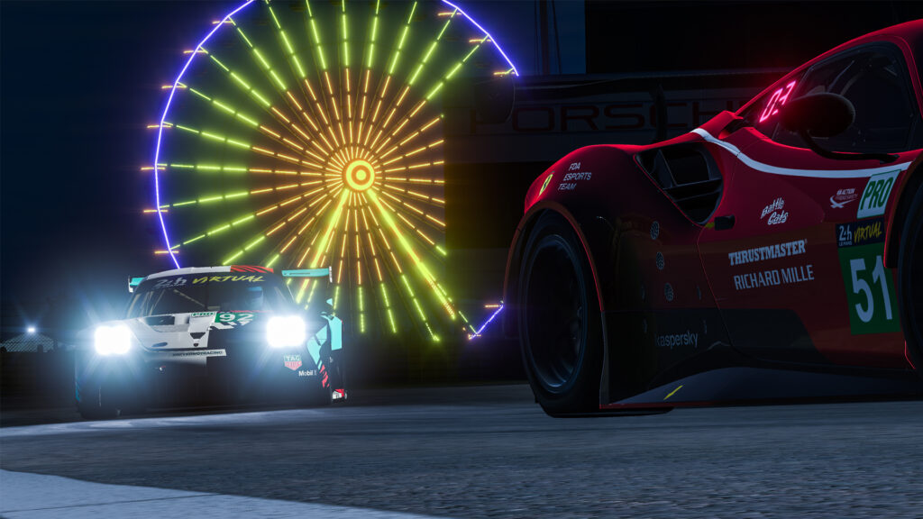 24 Hours of Le Mans Virtual, #92 Porsche and #51 Ferrari GTE battle