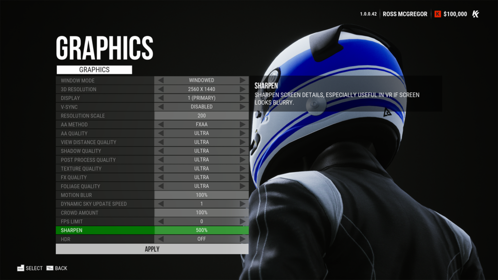 KartKraft Graphics settings, sharpen