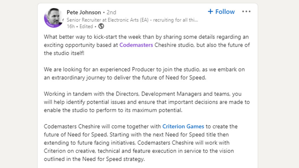 EA and Codemasters recruiting for next Need for Speed, Cheshire