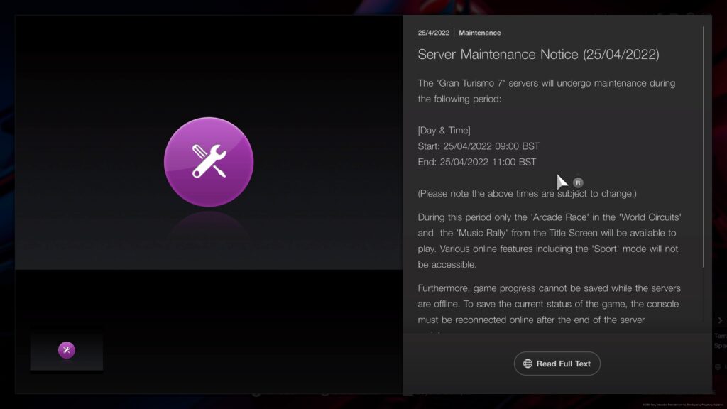Gran Turismo 7 server maintenance update 25th April