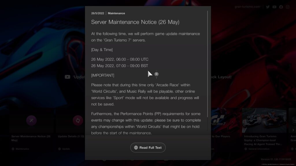 Gran Turismo 7 server maintenance update 26th May 2022