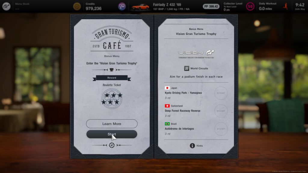 Gran Turismo 7 cafe menu book six-star roulette ticket